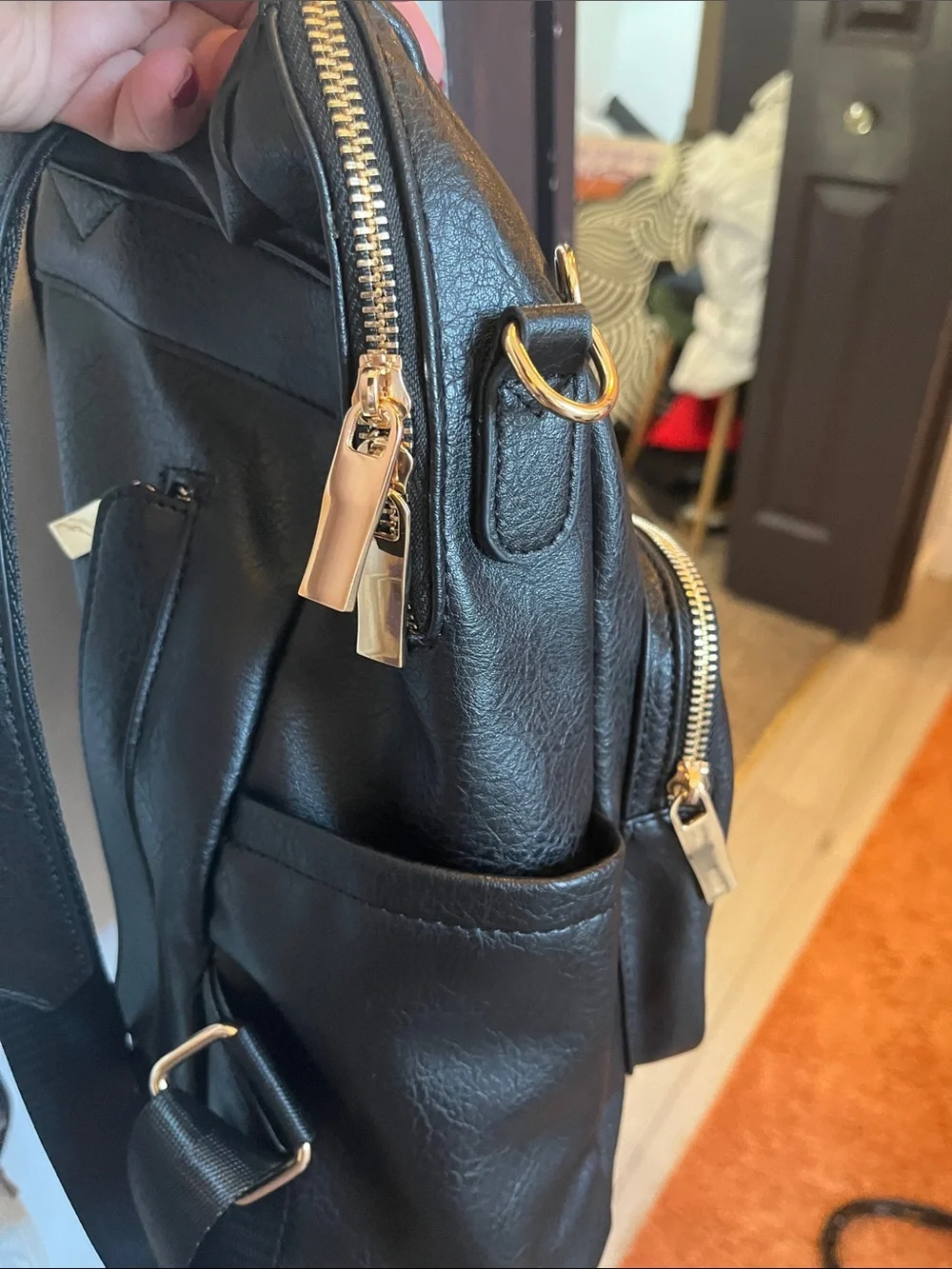 Black Faux Leather Women's Backpack with Gold Hardware